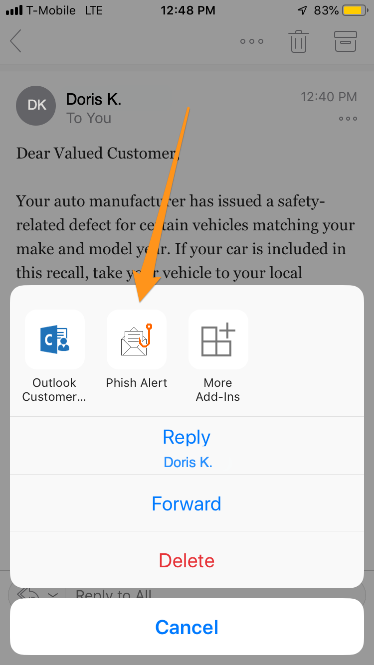Shows a context menu for the iOS Outlook inbox. The new Phish Alert Button is highlighted.