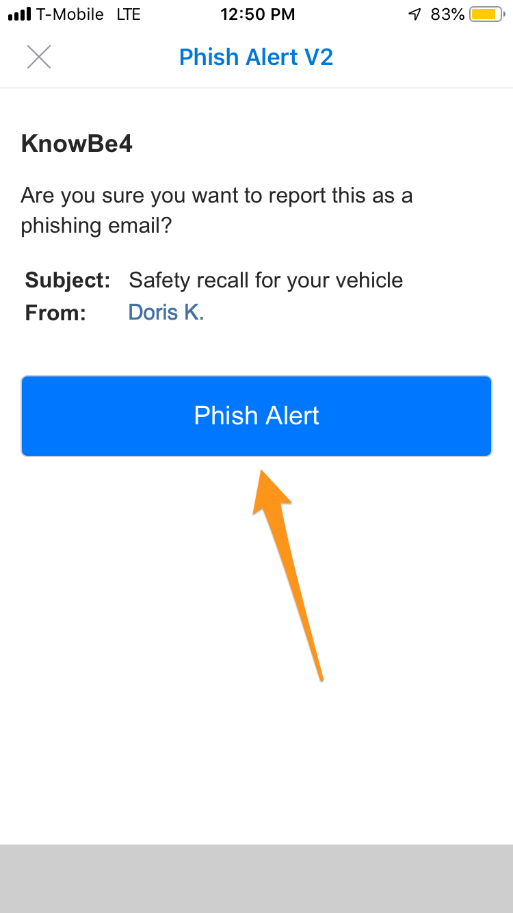 Image of the final "Are you sure" prompt that appears before an email is reported to the Information Security Office.