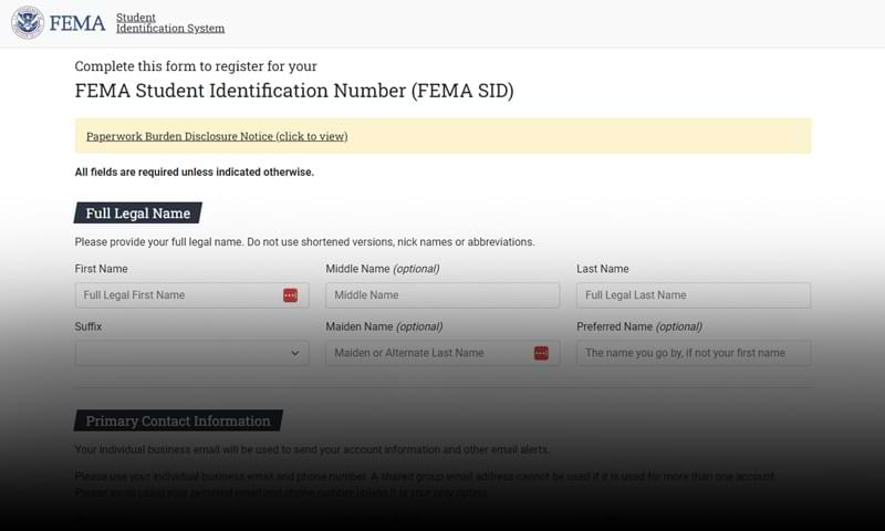 Screenshot of the FEMA Student ID registration page