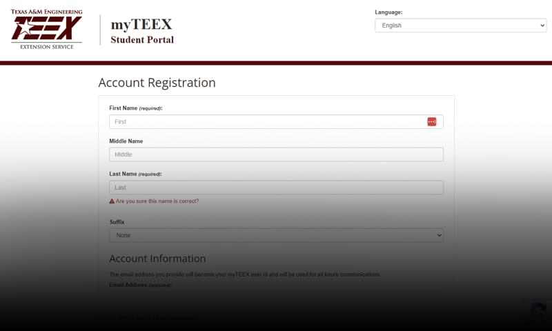 Screenshot of the TEEX account registration page